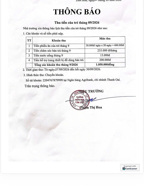 Tb thu tien an cua tre thang 9